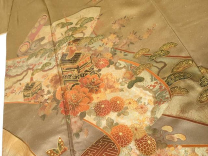 平和屋着物●漆工芸作家　金森一博　訪問着　絵巻風景花蝶文　暈し染め　金彩　正絹　逸品　AABJ3730cs
