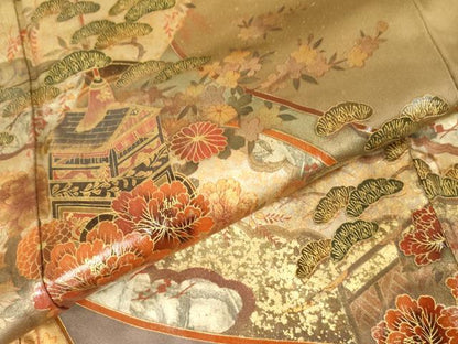 平和屋着物●漆工芸作家　金森一博　訪問着　絵巻風景花蝶文　暈し染め　金彩　正絹　逸品　AABJ3730cs