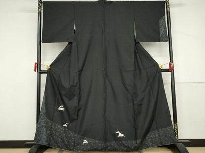 平和屋着物●訪問着　紬地　跳び兎　黒地　正絹　逸品　AABJ3750cs