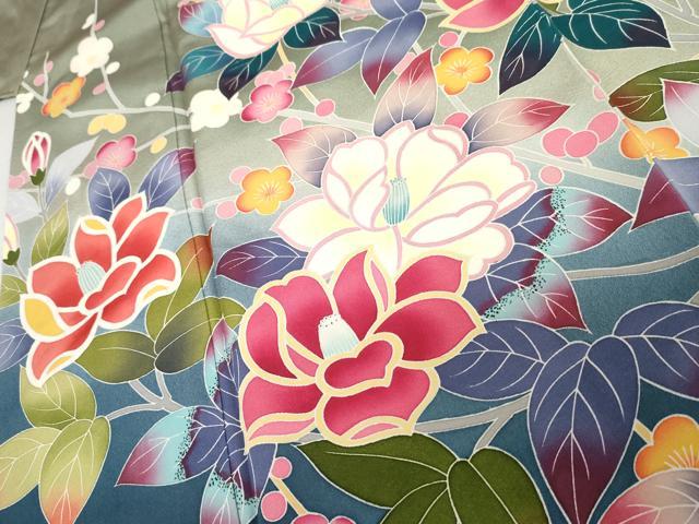 平和屋着物●豪華振袖　友禅　作家物　枝花文　暈し染め　ロング丈　正絹　逸品　AABJ3751cs