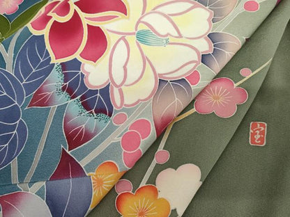平和屋着物●豪華振袖　友禅　作家物　枝花文　暈し染め　ロング丈　正絹　逸品　AABJ3751cs