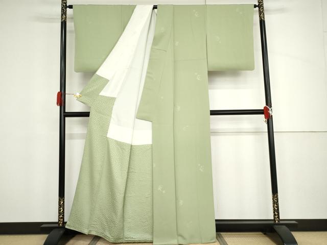 平和屋着物●本加賀友禅作家　柿本市郎監修　色無地　笹梅　柳色　正絹　逸品　AABJ3753cs
