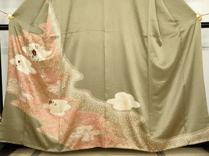 平和屋着物●訪問着　絞り　刺繍　雲取り枝花文　金糸　金彩　正絹　逸品　AABJ3754cs