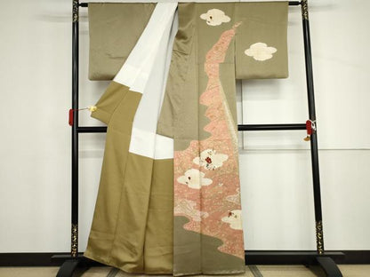 平和屋着物●訪問着　絞り　刺繍　雲取り枝花文　金糸　金彩　正絹　逸品　AABJ3754cs