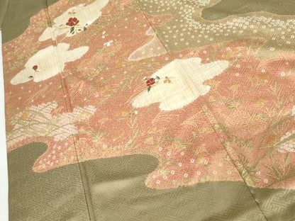 平和屋着物●訪問着　絞り　刺繍　雲取り枝花文　金糸　金彩　正絹　逸品　AABJ3754cs