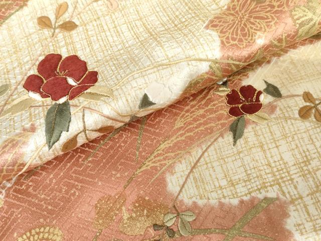 平和屋着物●訪問着　絞り　刺繍　雲取り枝花文　金糸　金彩　正絹　逸品　AABJ3754cs