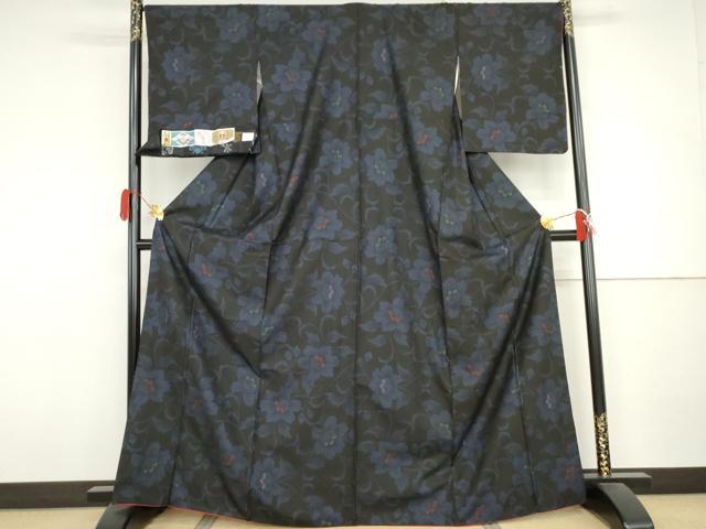 平和屋着物●本場大島紬　純泥染　手織り　カタス7マルキ　花唐草文　水間織物謹製　証紙付き　正絹　逸品　AABJ3760cs