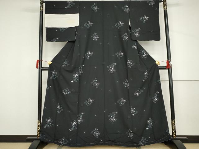 平和屋着物●上質な小紋　花蝶文　黒地　三越扱い　丹後ちりめん　反端付き　正絹　逸品　AABJ3765cs