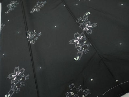平和屋着物●上質な小紋　花蝶文　黒地　三越扱い　丹後ちりめん　反端付き　正絹　逸品　AABJ3765cs