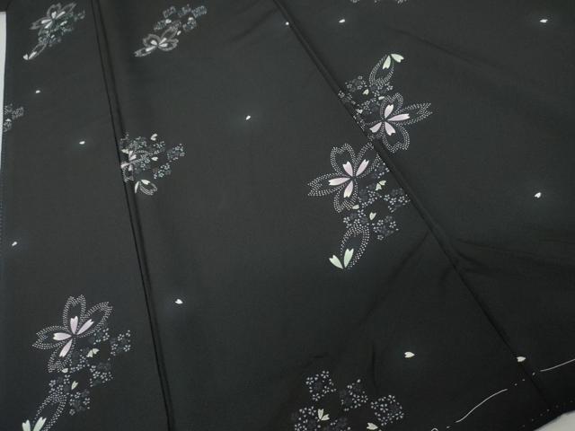 平和屋着物●上質な小紋　花蝶文　黒地　三越扱い　丹後ちりめん　反端付き　正絹　逸品　AABJ3765cs