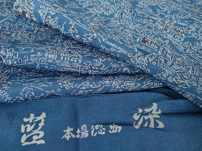 平和屋着物●上質な小紋　藍染　本場徳島　鬼しぼ縮緬　反端付き　正絹　逸品　AABJ3769cs