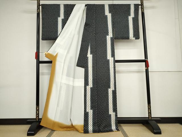 平和屋着物●上質な小紋　総絞り　変わり間道　暈し染め　黒地　正絹　逸品　AABJ3775cs