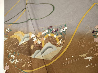 平和屋着物●世界的友禅作家　千地泰弘　訪問着　松竹梅風景文　暈し染め　金彩　正絹　逸品　AABJ3777cs