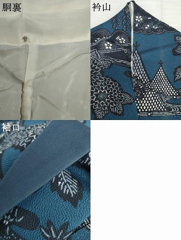 平和屋着物●上質な小紋　藍　型染め　風景草花文　鬼しぼ縮緬　正絹　逸品　AABJ3784cs