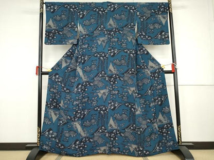 平和屋着物●上質な小紋　藍　型染め　風景草花文　鬼しぼ縮緬　正絹　逸品　AABJ3784cs