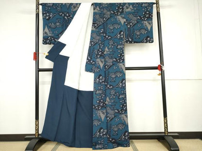平和屋着物●上質な小紋　藍　型染め　風景草花文　鬼しぼ縮緬　正絹　逸品　AABJ3784cs