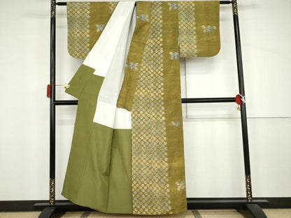 平和屋着物●上質な紬　雲絞り　草花間道　正絹　逸品　AABJ3787cs