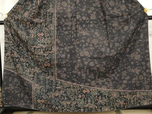 平和屋着物●生紬　訪問着　人物鳥獣文　正絹　逸品　AABJ3790cs