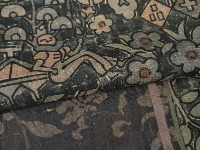 平和屋着物●生紬　訪問着　人物鳥獣文　正絹　逸品　AABJ3790cs