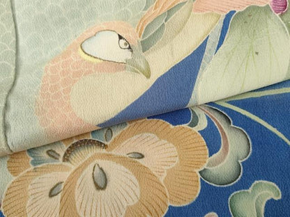 平和屋着物●アンティーク　大正ロマン　色留袖　刺繍　両褄　孔雀更紗花唐草文　金彩　正絹　逸品　AABJ3794cs