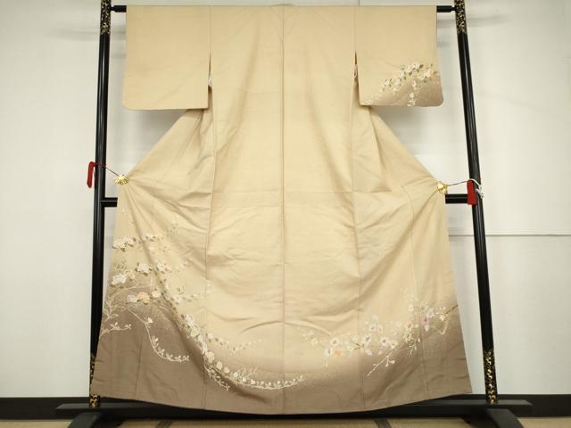 平和屋着物●訪問着　紬地　刺繍　枝花文　正絹　逸品　AABJ3795cs