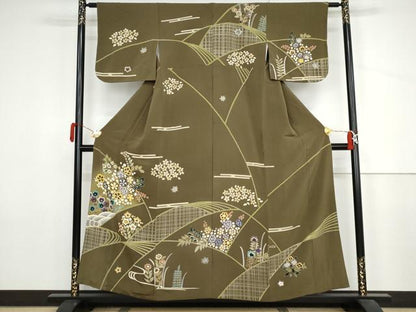 平和屋着物●訪問着　エ霞草花文　暈し染め　金彩　鬼しぼ縮緬　正絹　逸品　AABJ3799cs