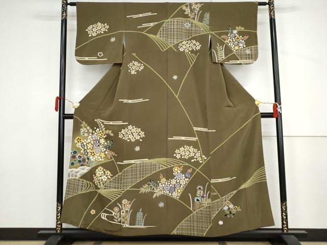 平和屋着物●訪問着　エ霞草花文　暈し染め　金彩　鬼しぼ縮緬　正絹　逸品　AABJ3799cs