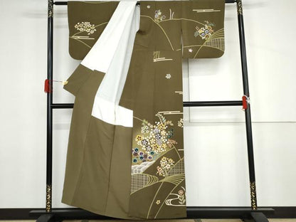 平和屋着物●訪問着　エ霞草花文　暈し染め　金彩　鬼しぼ縮緬　正絹　逸品　AABJ3799cs