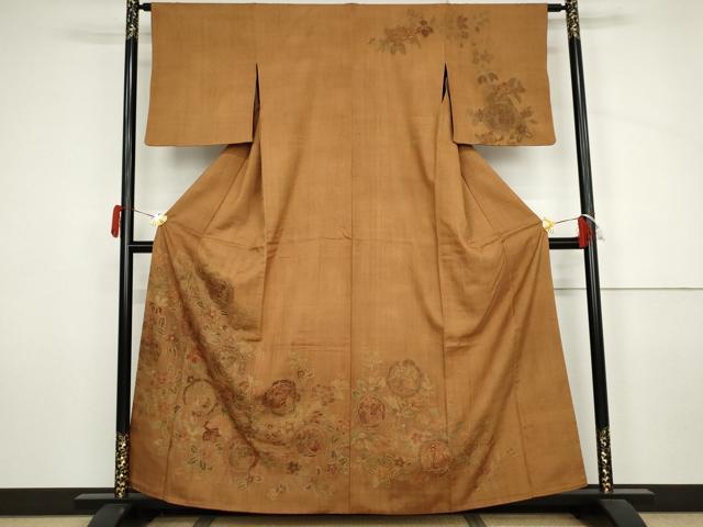 平和屋着物●中国三大刺繍　汕頭刺繍　スワトウ刺繍　総刺繍　訪問着　紬地　花鳥更紗絵皿文　正絹　逸品　AABJ3807cs