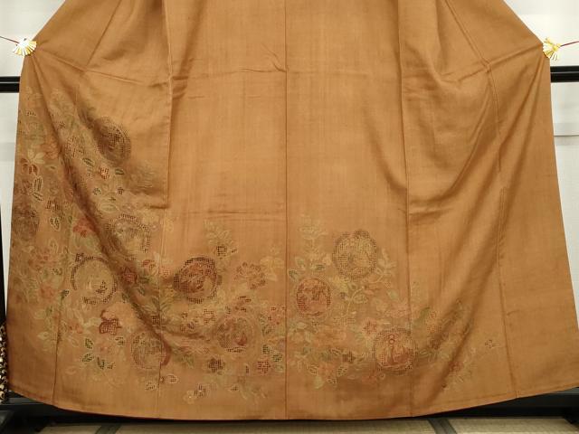 平和屋着物●中国三大刺繍　汕頭刺繍　スワトウ刺繍　総刺繍　訪問着　紬地　花鳥更紗絵皿文　正絹　逸品　AABJ3807cs