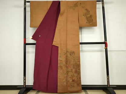 平和屋着物●中国三大刺繍　汕頭刺繍　スワトウ刺繍　総刺繍　訪問着　紬地　花鳥更紗絵皿文　正絹　逸品　AABJ3807cs