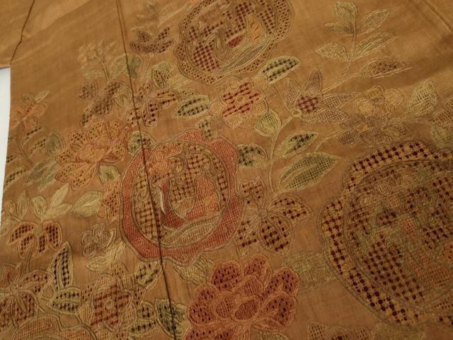 平和屋着物●中国三大刺繍　汕頭刺繍　スワトウ刺繍　総刺繍　訪問着　紬地　花鳥更紗絵皿文　正絹　逸品　AABJ3807cs