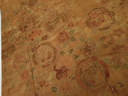 平和屋着物●中国三大刺繍　汕頭刺繍　スワトウ刺繍　総刺繍　訪問着　紬地　花鳥更紗絵皿文　正絹　逸品　AABJ3807cs