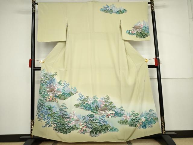 平和屋着物●手描友禅　奥田秀水　訪問着　松竹梅風景文　暈し染め　正絹　逸品　AABJ3808cs