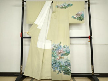 平和屋着物●手描友禅　奥田秀水　訪問着　松竹梅風景文　暈し染め　正絹　逸品　AABJ3808cs