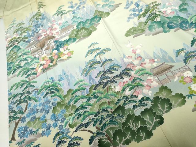 平和屋着物●手描友禅　奥田秀水　訪問着　松竹梅風景文　暈し染め　正絹　逸品　AABJ3808cs
