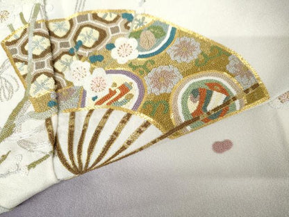 平和屋着物●中国三大刺繍　相良刺繍　総刺繍　訪問着　作家物　扇面吉祥花蝶文　暈し染め　金糸　正絹　逸品　AABJ3812cs