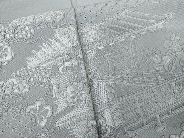 平和屋着物●総刺繍　中国三大刺繍　スワトウ刺繍　汕頭刺繍　無地絵羽訪問着　松竹梅風景文　淡藤色地　正絹　逸品　AABJ3825cs