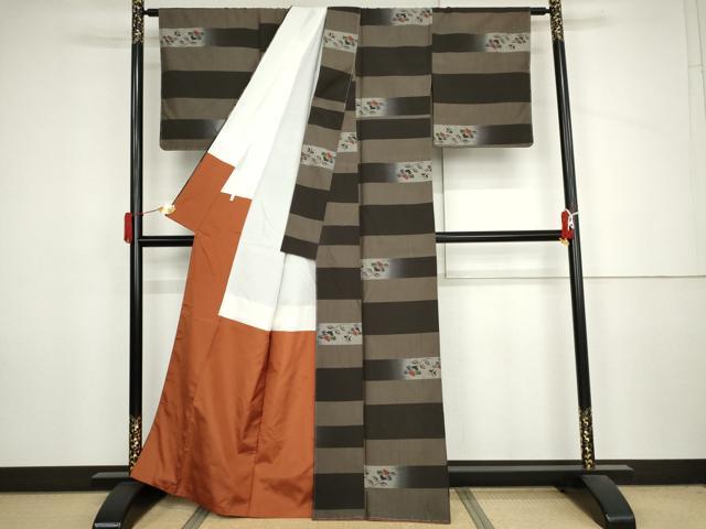 平和屋着物●上質な紬　横段花蝶文　正絹　逸品　未使用　AABJ3834cs