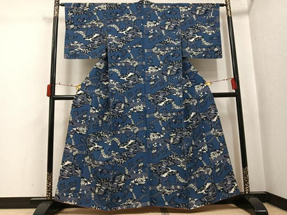 平和屋着物●上質な小紋　藍　型染め　花蝶文　正絹　逸品　AABJ3841ph