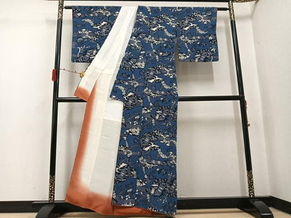 平和屋着物●上質な小紋　藍　型染め　花蝶文　正絹　逸品　AABJ3841ph
