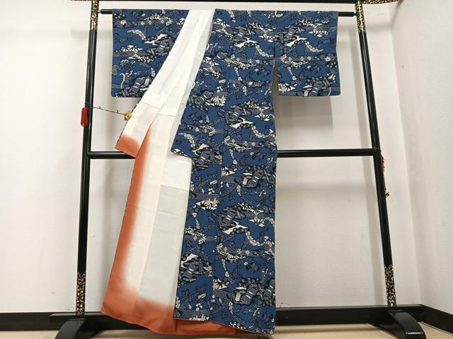 平和屋着物●上質な小紋　藍　型染め　花蝶文　正絹　逸品　AABJ3841ph