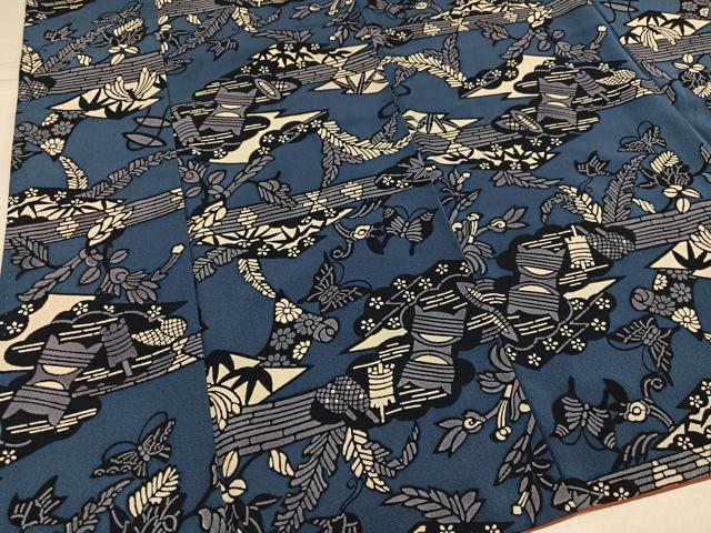 平和屋着物●上質な小紋　藍　型染め　花蝶文　正絹　逸品　AABJ3841ph
