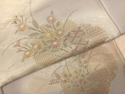 平和屋着物●訪問着　中国三大刺繍　汕頭刺繍　スワトウ刺繍　雪輪草花文　暈し染め　銀糸　正絹　逸品　AABJ3847ph