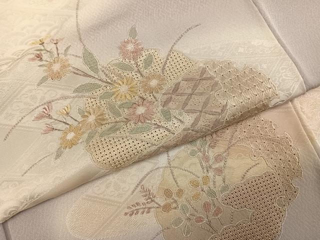 平和屋着物●訪問着　中国三大刺繍　汕頭刺繍　スワトウ刺繍　雪輪草花文　暈し染め　銀糸　正絹　逸品　AABJ3847ph