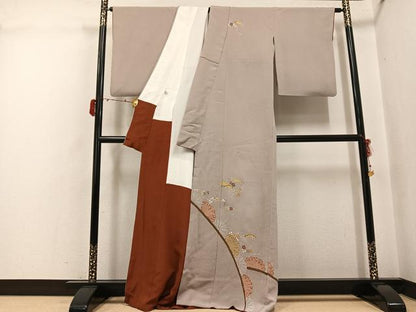 平和屋着物●訪問着　駒刺繍　草花文　金糸　鬼しぼ縮緬　正絹　逸品　AABJ3855ph