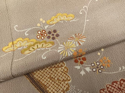 平和屋着物●訪問着　駒刺繍　草花文　金糸　鬼しぼ縮緬　正絹　逸品　AABJ3855ph