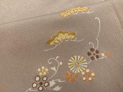 平和屋着物●訪問着　駒刺繍　草花文　金糸　鬼しぼ縮緬　正絹　逸品　AABJ3855ph
