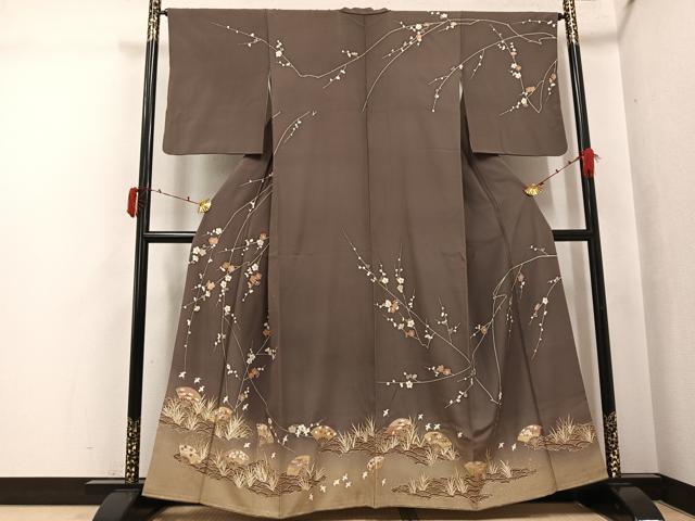 平和屋着物●訪問着　駒刺繍　扇面草花文　暈し染め　金彩　正絹　逸品　AABJ3858ph