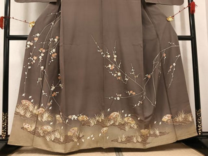 平和屋着物●訪問着　駒刺繍　扇面草花文　暈し染め　金彩　正絹　逸品　AABJ3858ph